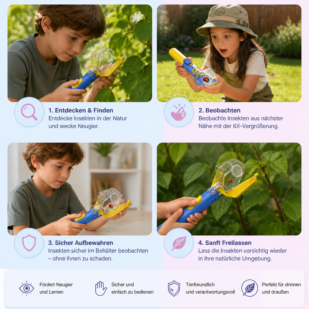 Insektenfanger für Kinder mit 6-facher Lupe – Hilfsmittel zur Insektenbeobachtung für Entdeckungen im Freien