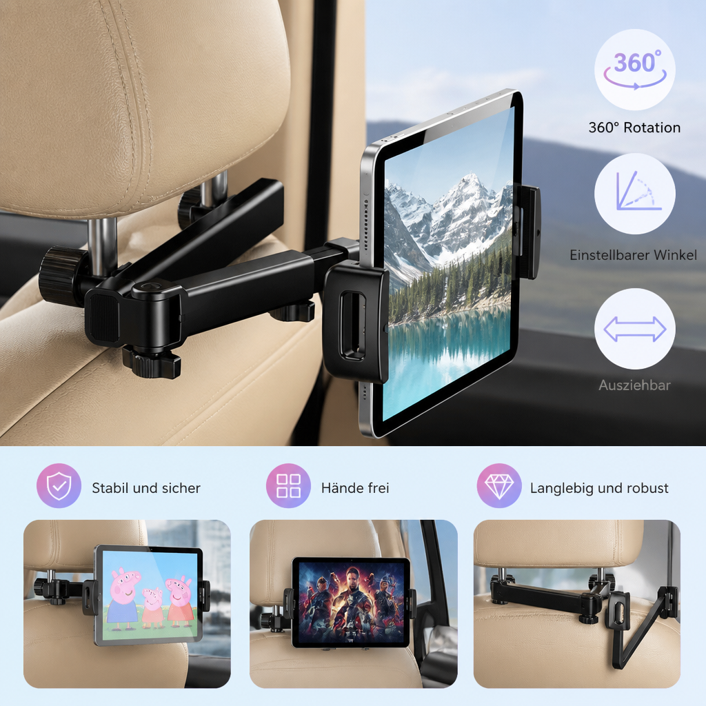 Um 360° drehbarer Tablet-Halter für die Kopfstütze im Auto – Halterung für Tablets auf dem Rücksitz