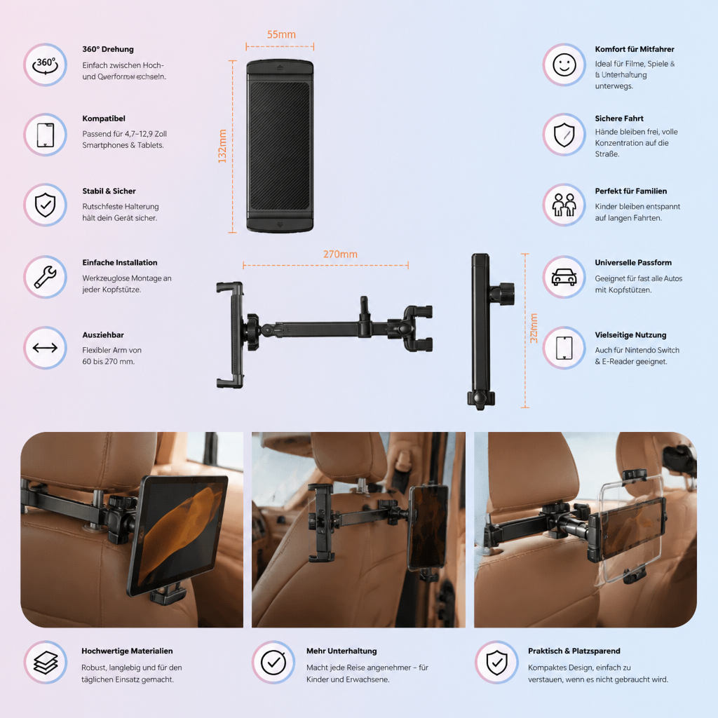 Um 360° drehbarer Tablet-Halter für die Kopfstütze im Auto – Halterung für Tablets auf dem Rücksitz
