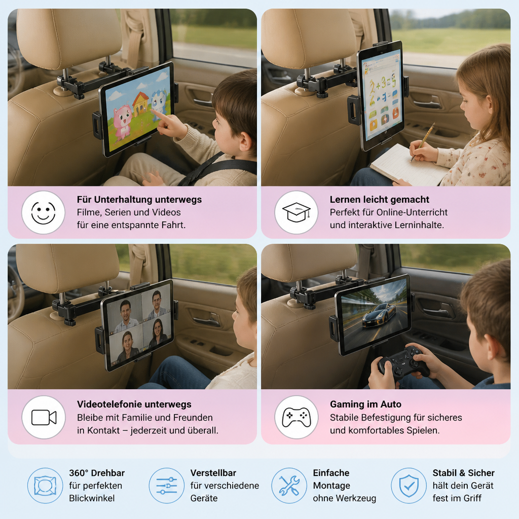 Um 360° drehbarer Tablet-Halter für die Kopfstütze im Auto – Halterung für Tablets auf dem Rücksitz