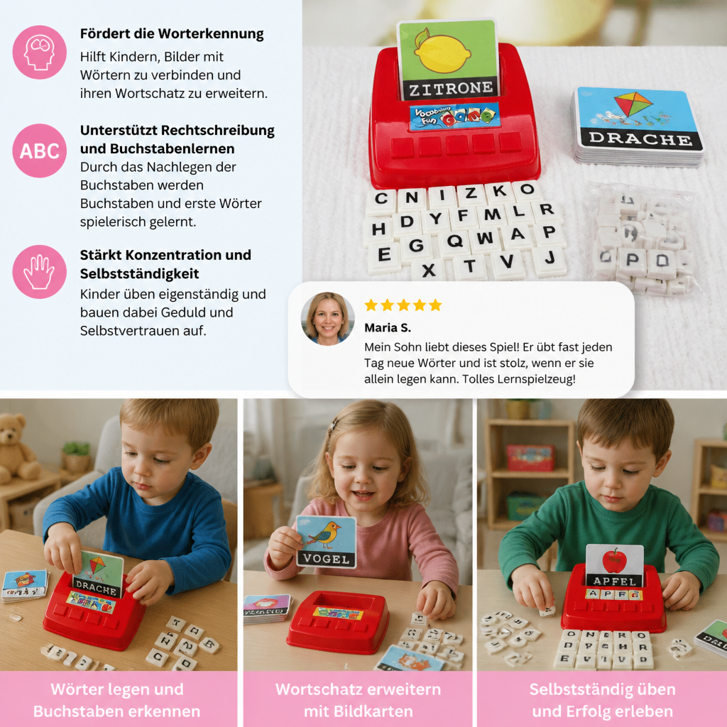 Interaktives Rechtschreib- und Wortzuordnungsspiel – Lernspielzeug zur Lese- und Schreibförderung für Vorschulkinder mit Bildkarten und Buchstabenplättchen