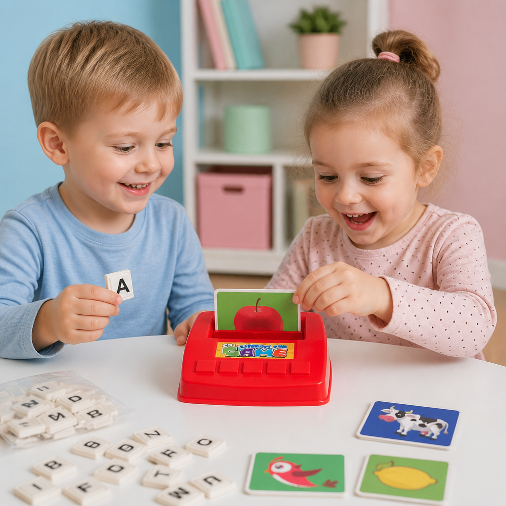 Interaktives Rechtschreib- und Wortzuordnungsspiel – Lernspielzeug zur Lese- und Schreibförderung für Vorschulkinder mit Bildkarten und Buchstabenplättchen