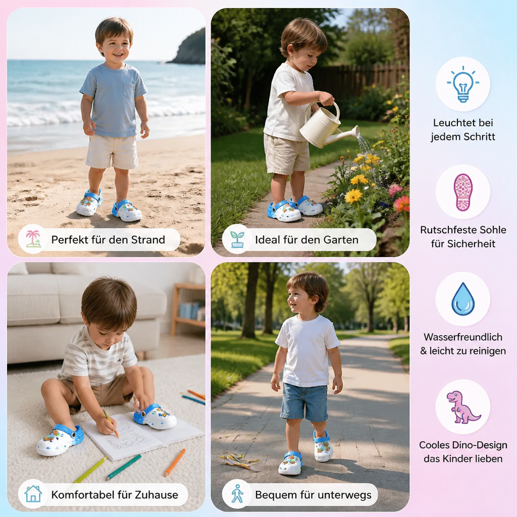 LED-Dinosaurier-Clogs für Kinder – Leuchtende, rutschfeste Sommer- und Strandschuhe für Garten und Strand