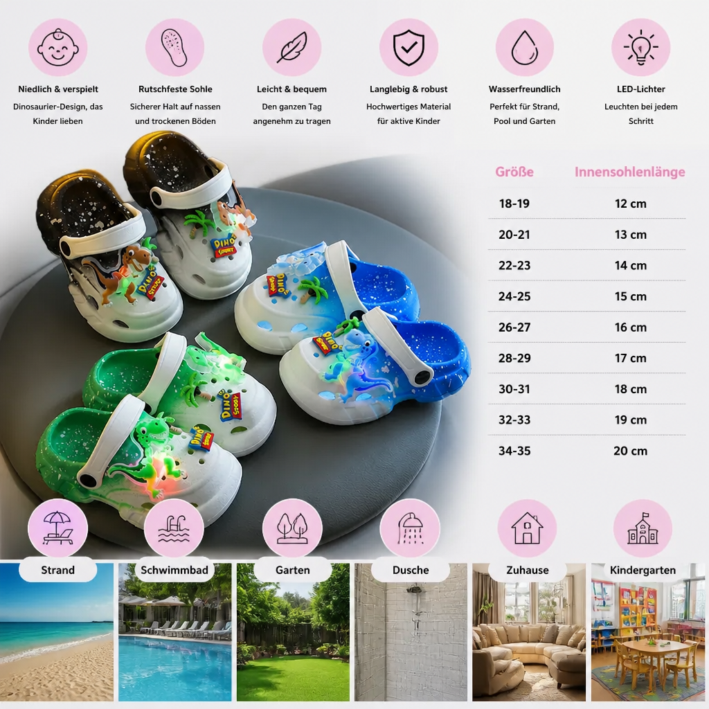 LED-Dinosaurier-Clogs für Kinder – Leuchtende, rutschfeste Sommer- und Strandschuhe für Garten und Strand