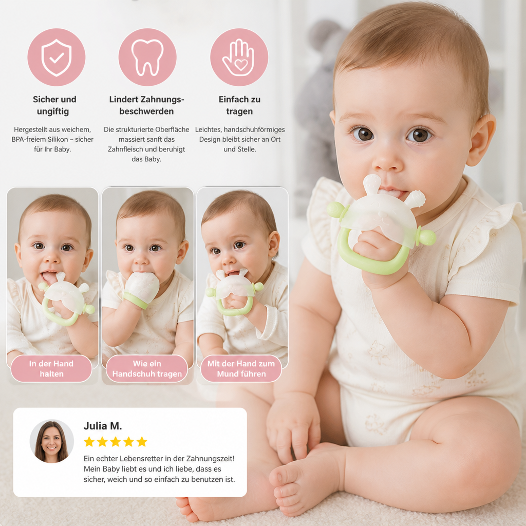 Hasen-Baby-Beißhandschuh – Weicher, BPA-freier Silikon-Beißring mit Anti-Fall-Handgelenkband (3–18 Monate)