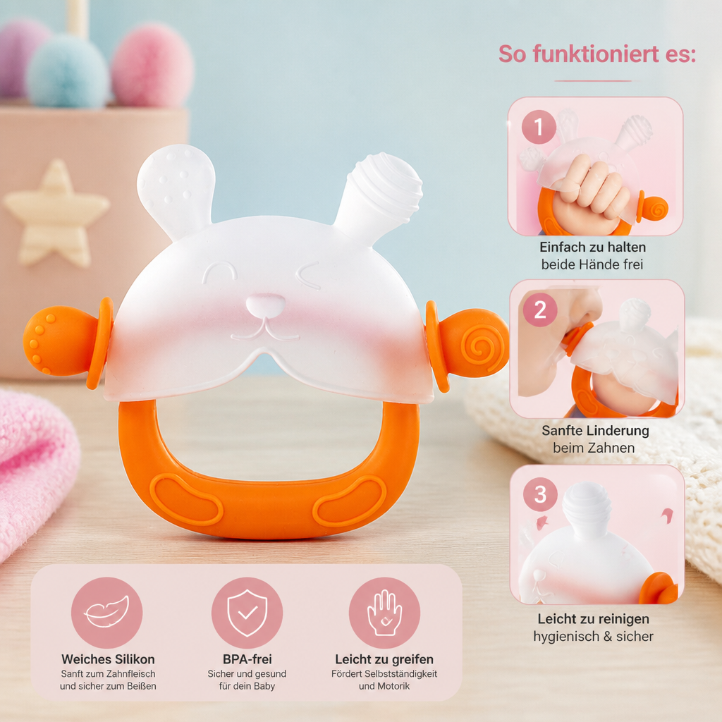 Hasen-Baby-Beißhandschuh – Weicher, BPA-freier Silikon-Beißring mit Anti-Fall-Handgelenkband (3–18 Monate)