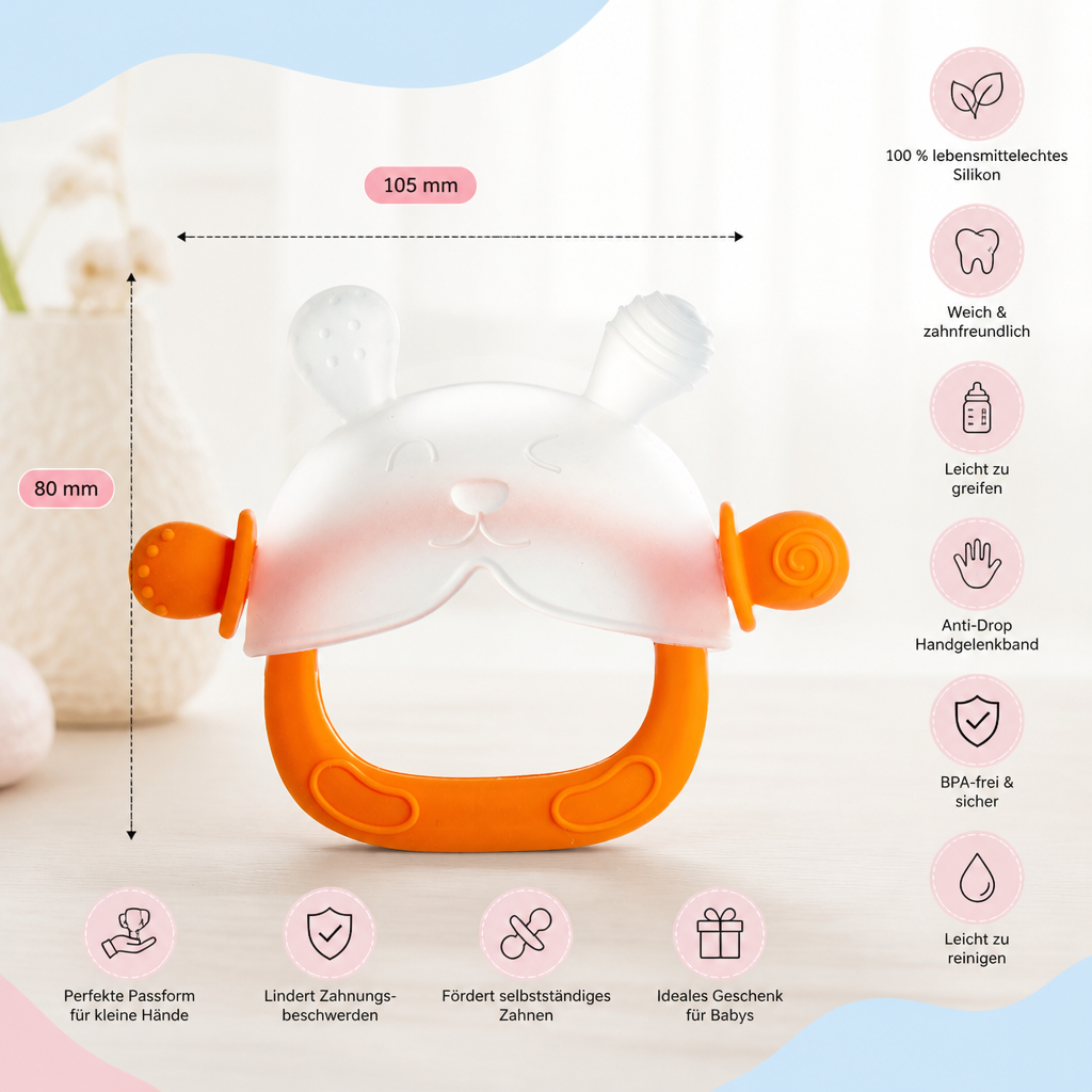 Hasen-Baby-Beißhandschuh – Weicher, BPA-freier Silikon-Beißring mit Anti-Fall-Handgelenkband (3–18 Monate)