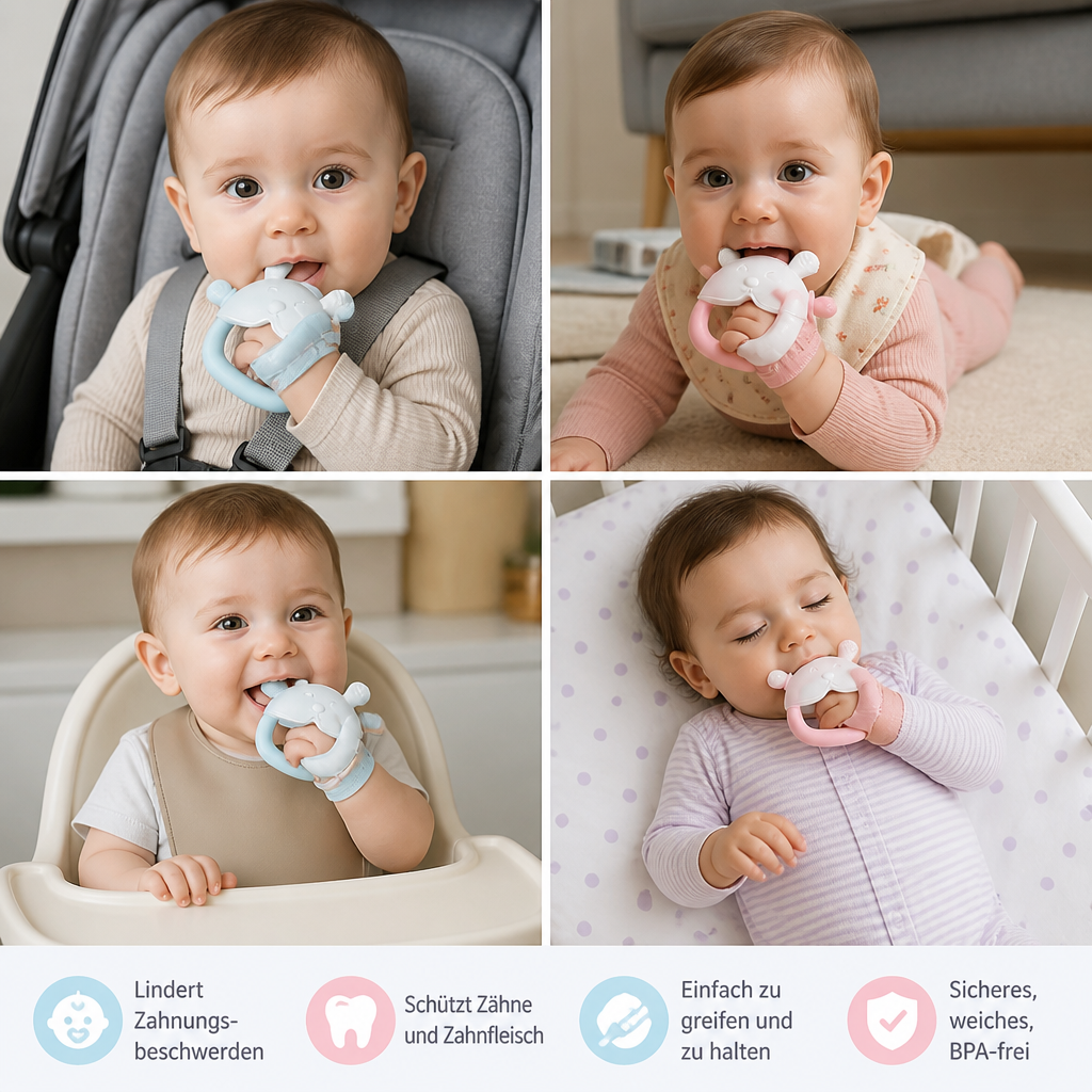 Hasen-Baby-Beißhandschuh – Weicher, BPA-freier Silikon-Beißring mit Anti-Fall-Handgelenkband (3–18 Monate)