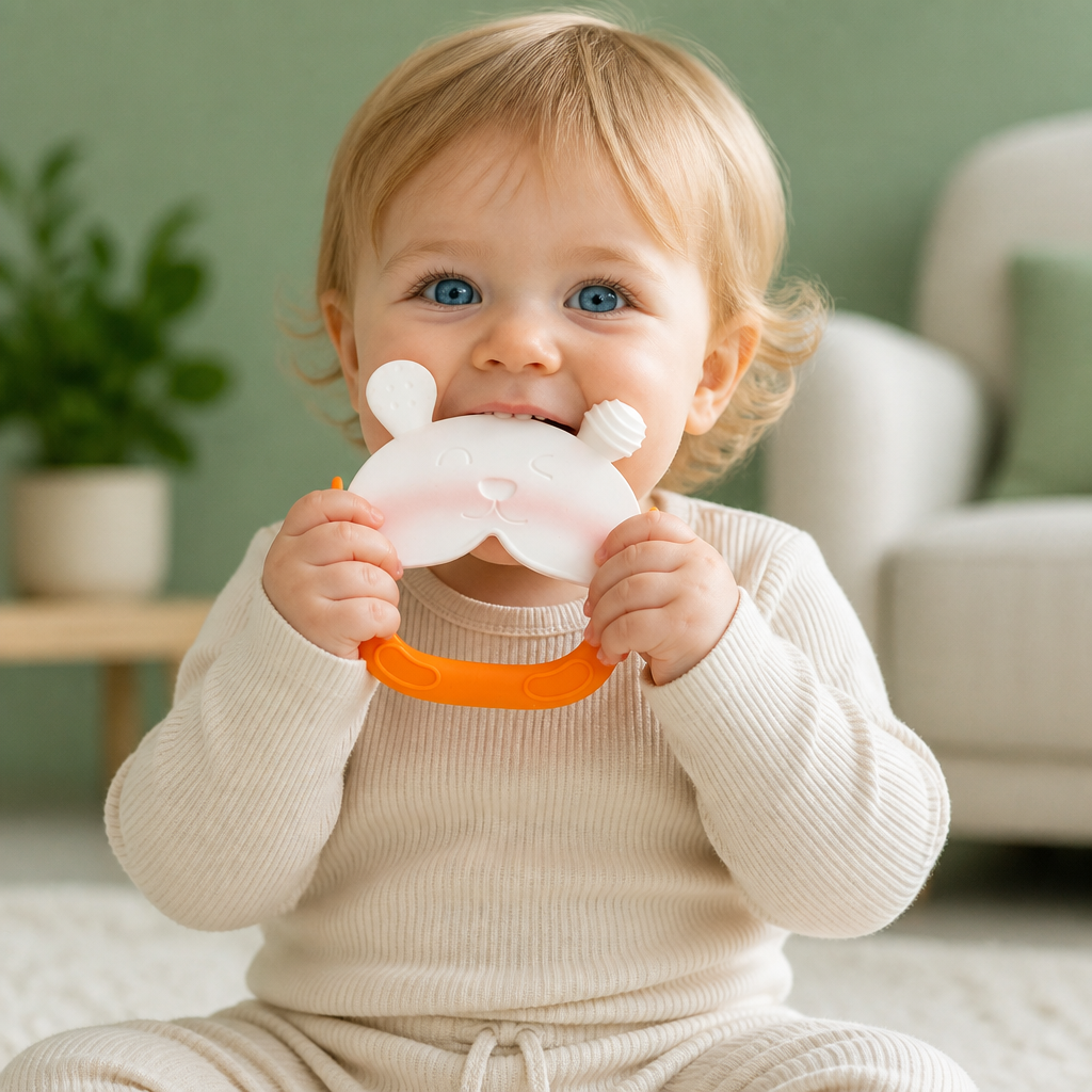 Hasen-Baby-Beißhandschuh – Weicher, BPA-freier Silikon-Beißring mit Anti-Fall-Handgelenkband (3–18 Monate)