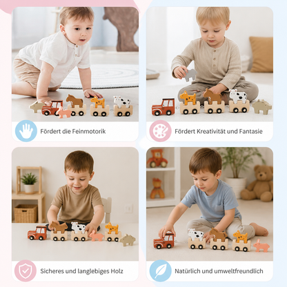 Bauernhof-Tierzug aus Holz – Spielzeug mit flexiblen Rädern für Kinder
