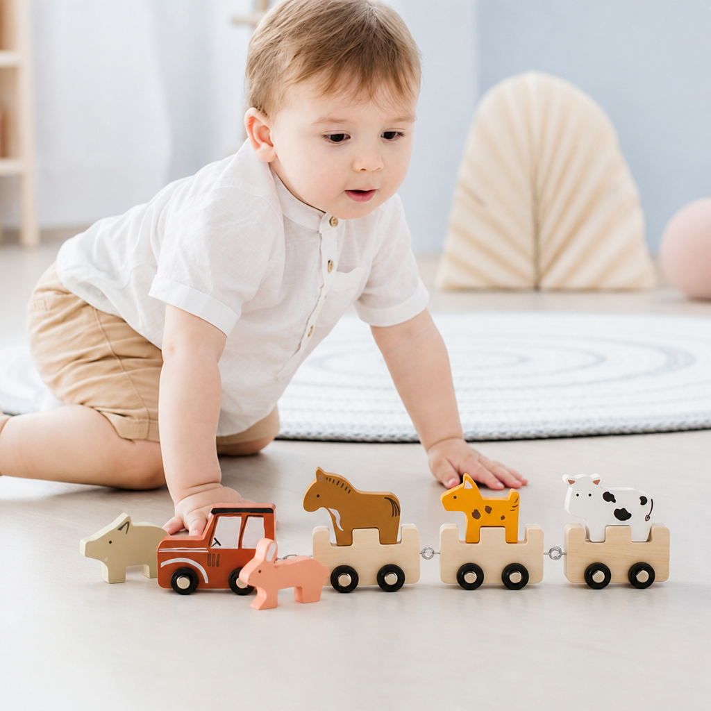 Bauernhof-Tierzug aus Holz – Spielzeug mit flexiblen Rädern für Kinder