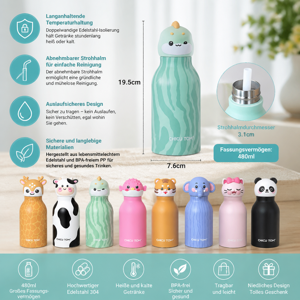 Süßer Cartoon-Tier-Thermobecher aus Edelstahl mit Strohhalm – 480 ml
