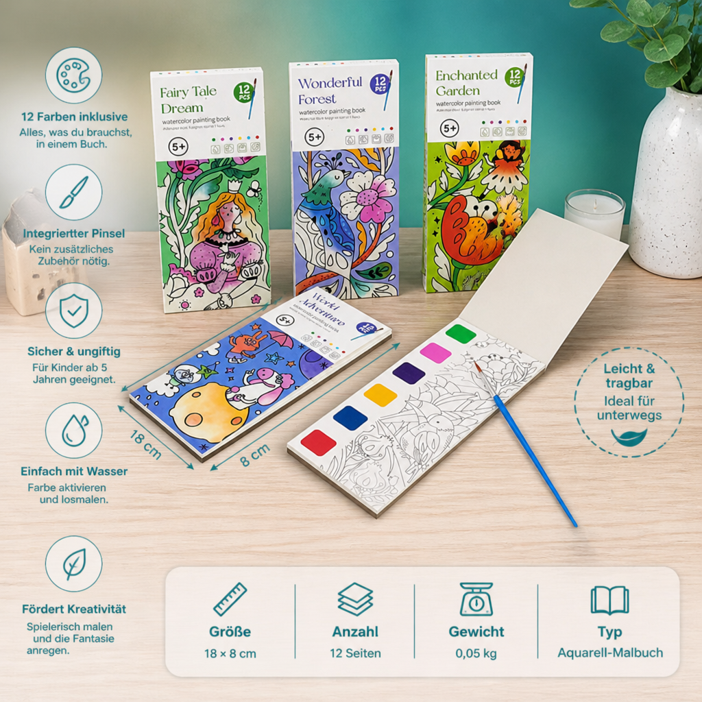 All-in-One-Aquarell-Malbuch mit integrierten Farben & Pinsel
