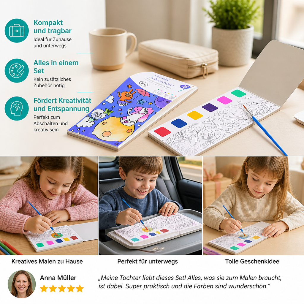 All-in-One-Aquarell-Malbuch mit integrierten Farben & Pinsel