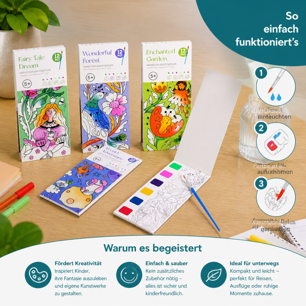 All-in-One-Aquarell-Malbuch mit integrierten Farben & Pinsel