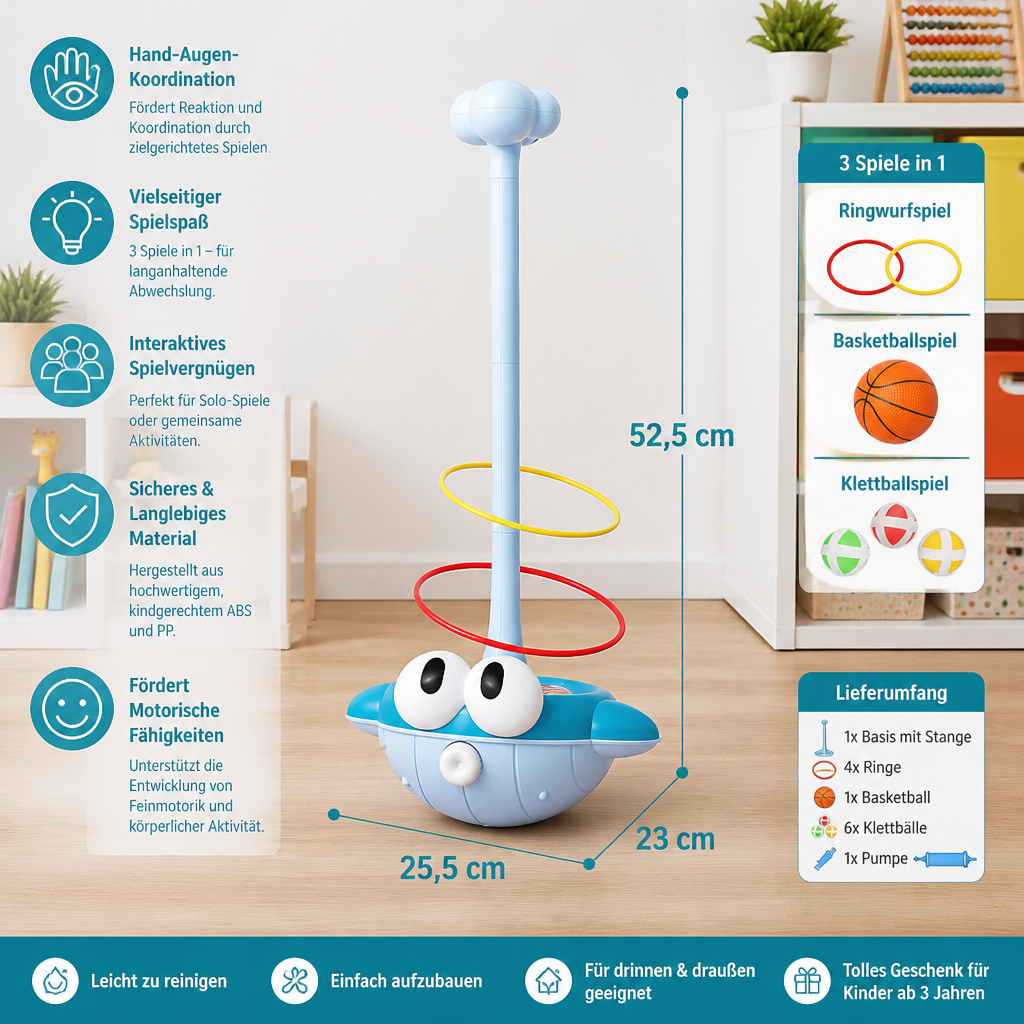 3-in-1-Lern- & Aktivitätsspiel – Ringwurf, Basketball & Klettball