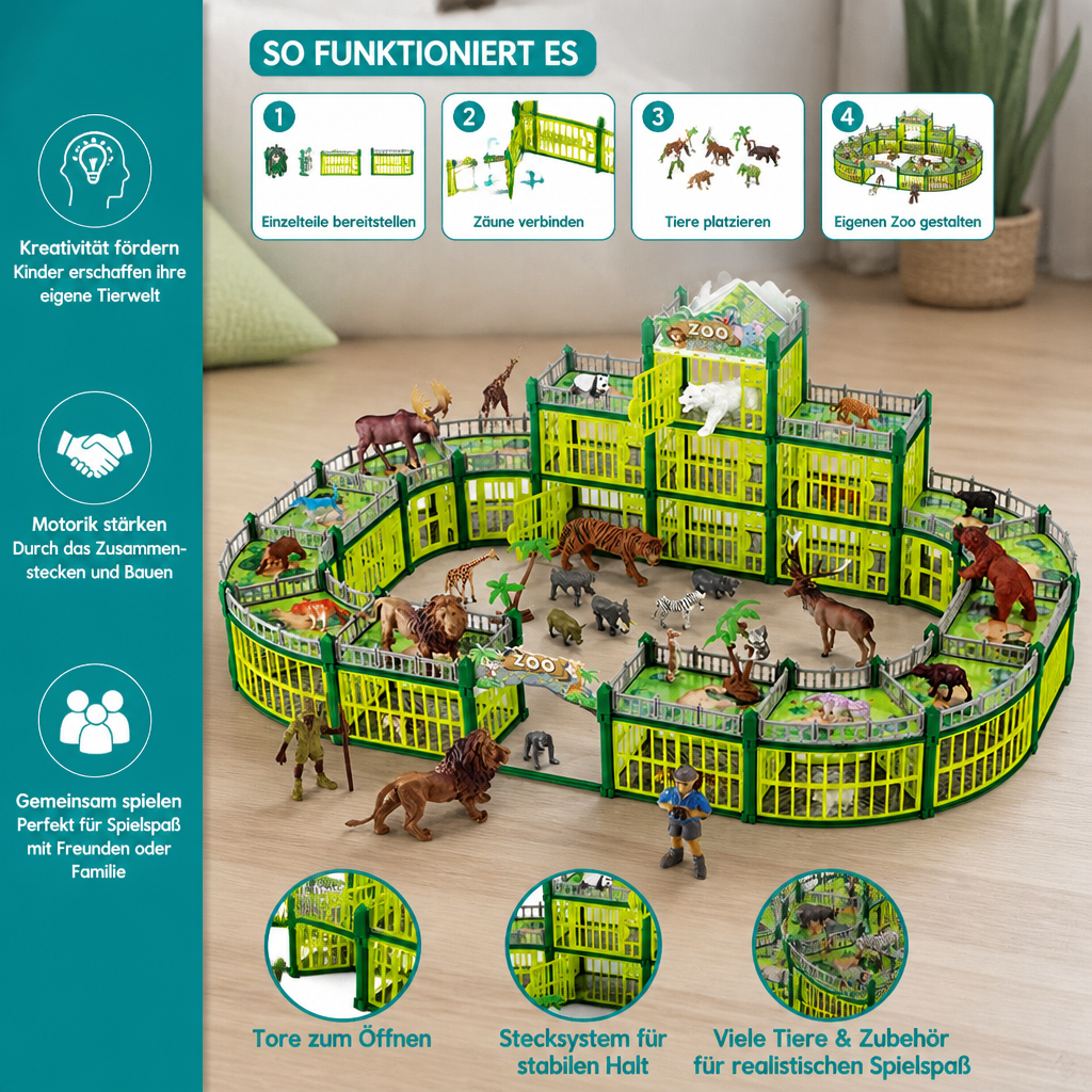 Modulares Zoo-Spielset zum Selbstbauen mit Tierfiguren & interaktiven Gehegen