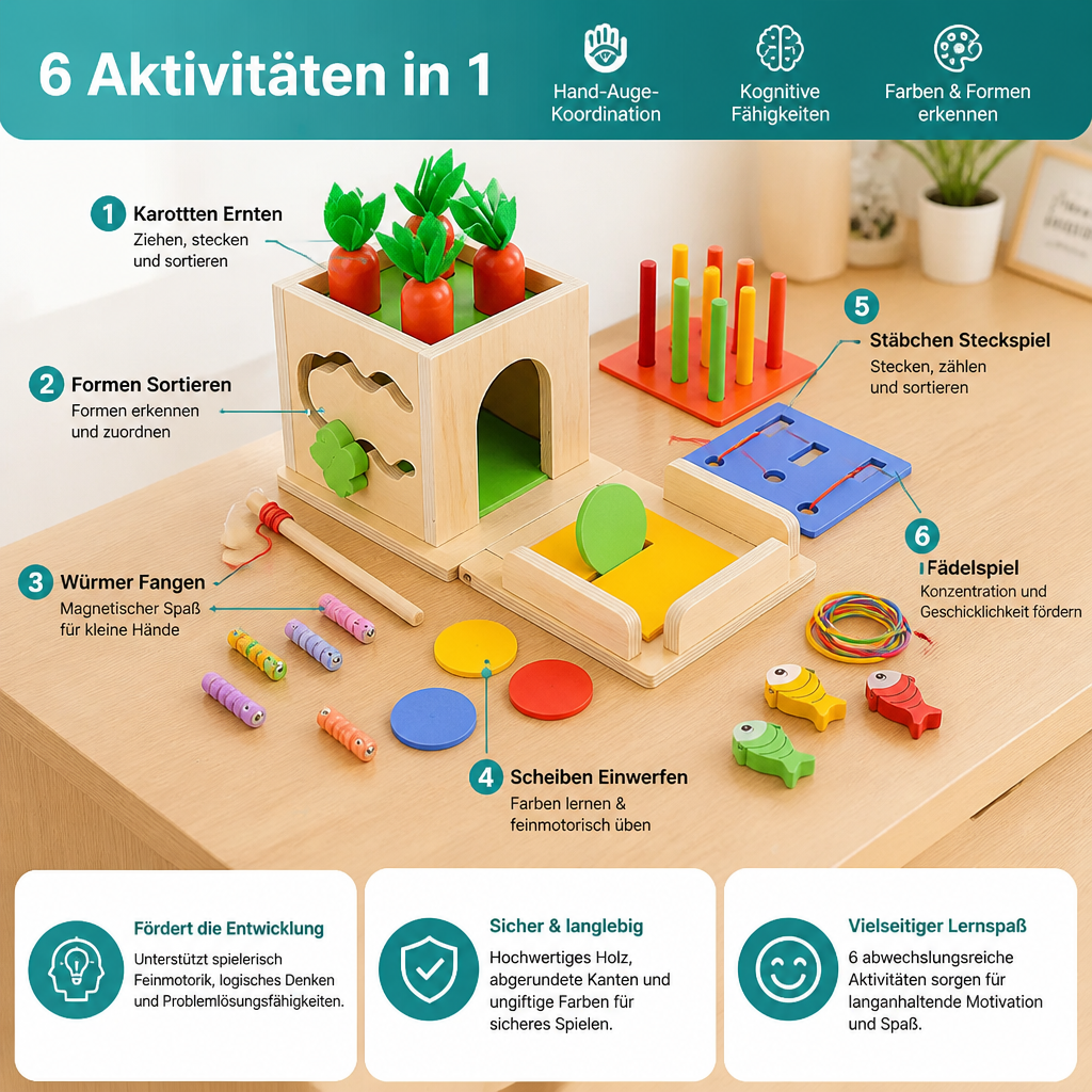 6-in-1 Montessori Holz Formen und Figuren Lernspiel Würfel