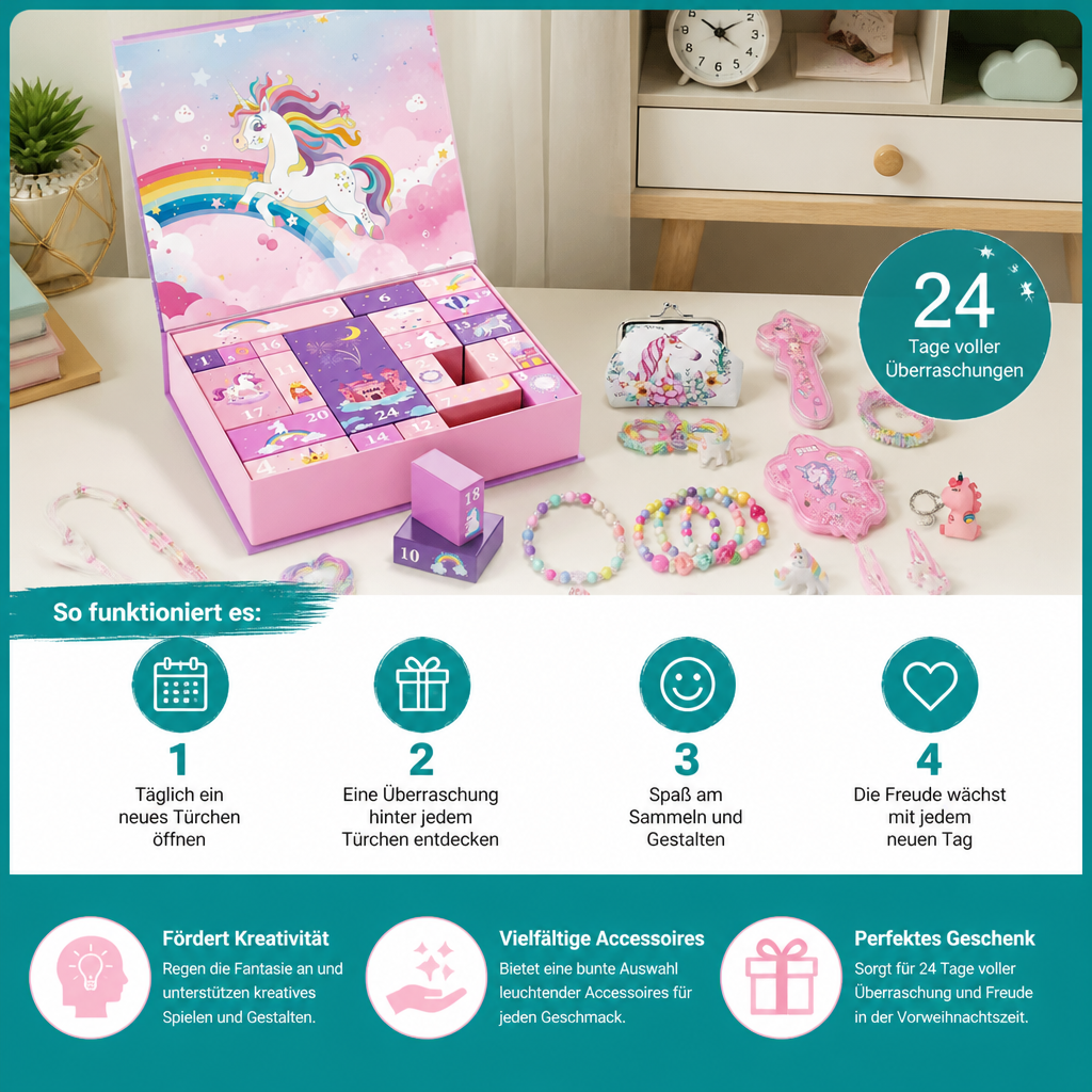 24-Tage-Einhorn-Adventskalender mit Haaraccessoires, Stickern & Überraschungsgeschenken