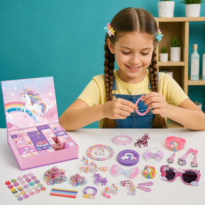 24-Tage-Einhorn-Adventskalender mit Haaraccessoires, Stickern & Überraschungsgeschenken