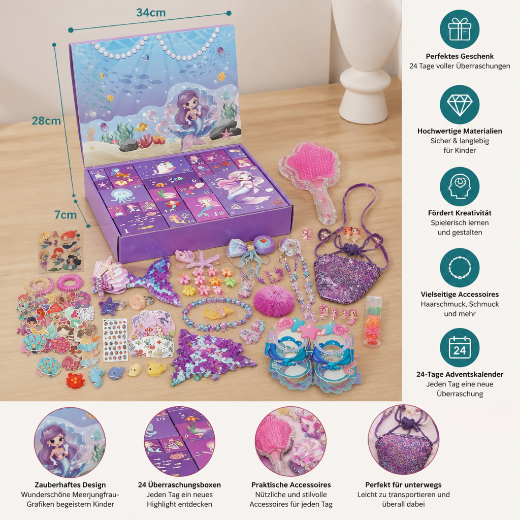 24-Tage-Meerjungfrauen-Adventskalender mit Haaraccessoires, Stickern & Überraschungsgeschenken