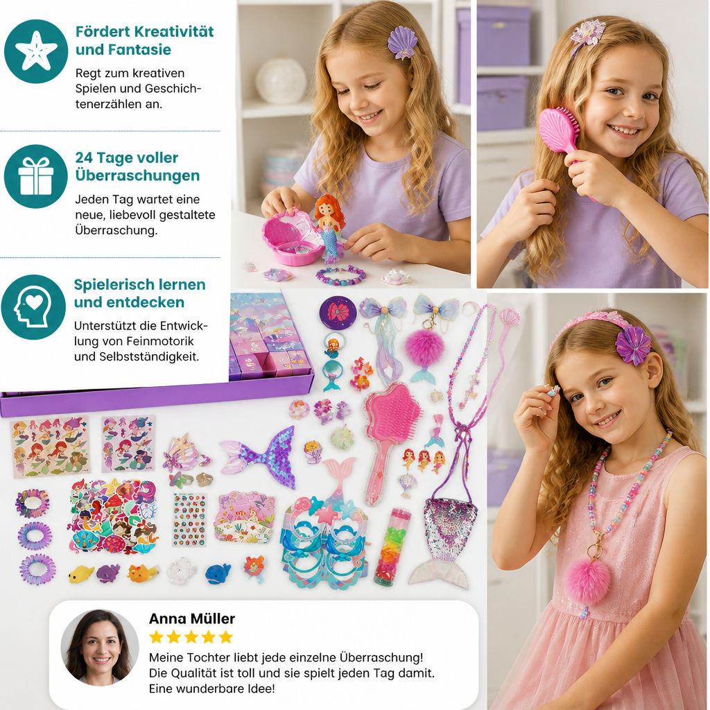 24-Tage-Meerjungfrauen-Adventskalender mit Haaraccessoires, Stickern & Überraschungsgeschenken