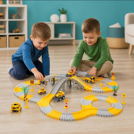 Baustellenfahrzeug-Rennstrecken-Spielset mit Brücke, Fahrzeugen & Verkehrsschildern