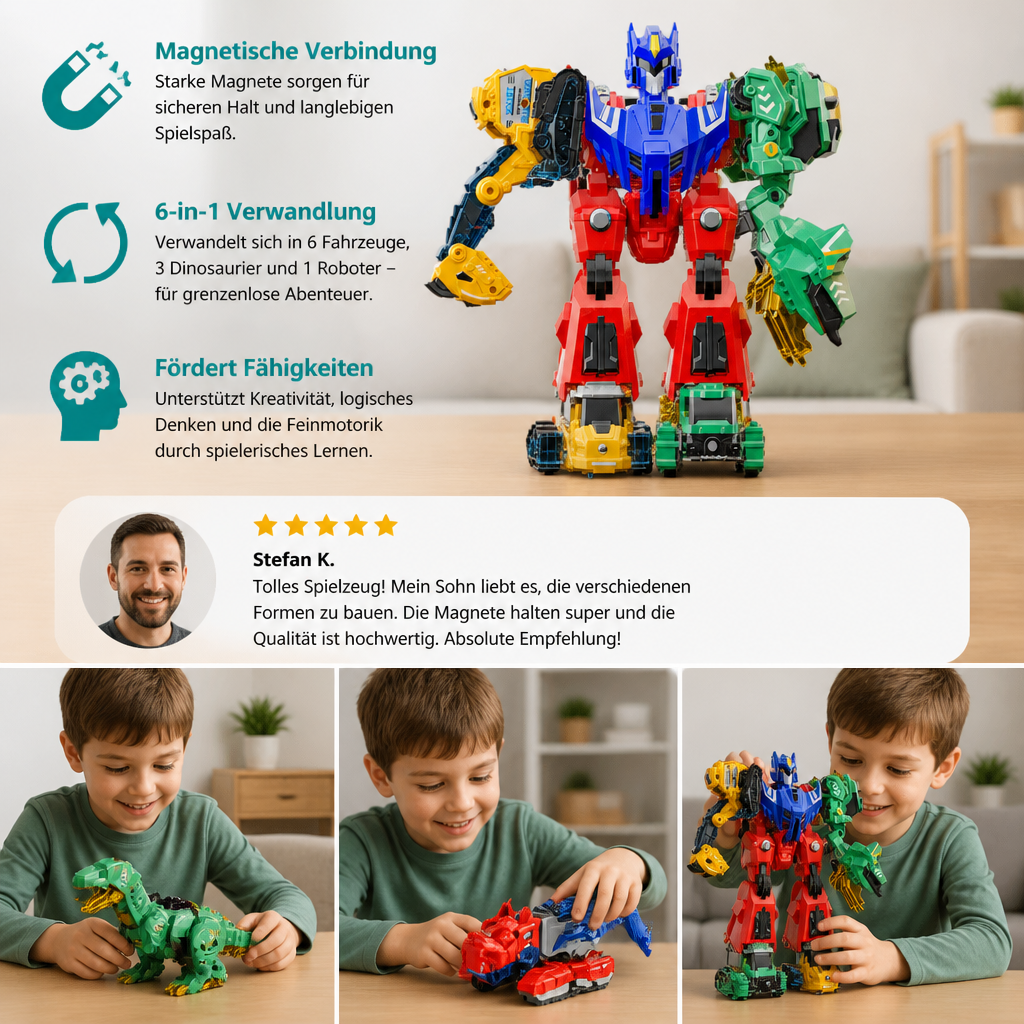 6-in-1 Magnetisches Verwandlungsspielzeug – Baue 6 Fahrzeuge, 3 Dinosaurier & 1 Roboter