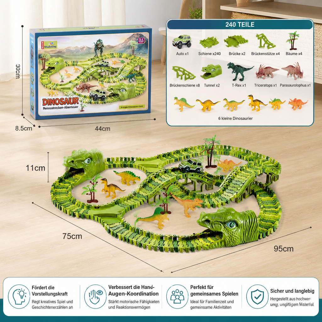 215-teiliges Dinosaurier-Rennstrecken-Set mit motorisierten Autos, Brücke & Dinosaurierfiguren