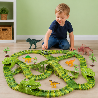 215-teiliges Dinosaurier-Rennstrecken-Set mit motorisierten Autos, Brücke & Dinosaurierfiguren