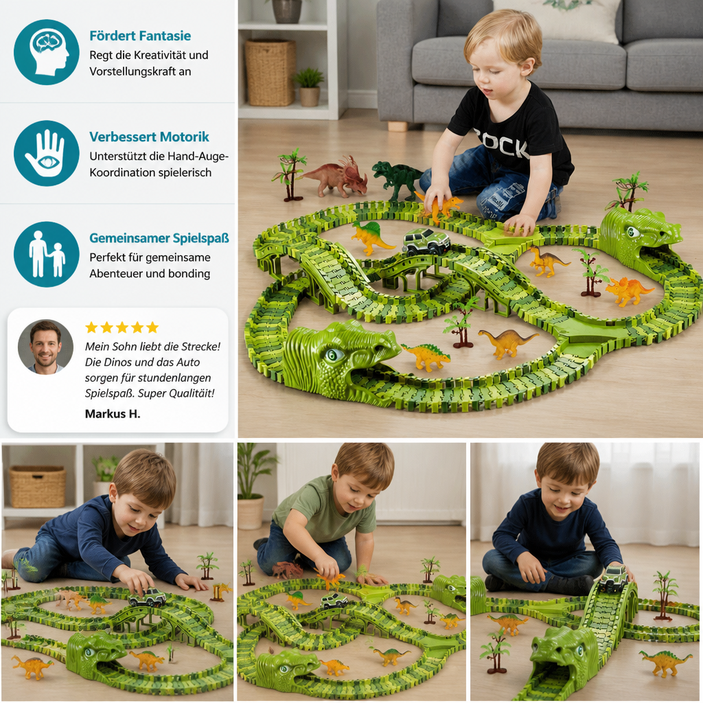 215-teiliges Dinosaurier-Rennstrecken-Set mit motorisierten Autos, Brücke & Dinosaurierfiguren
