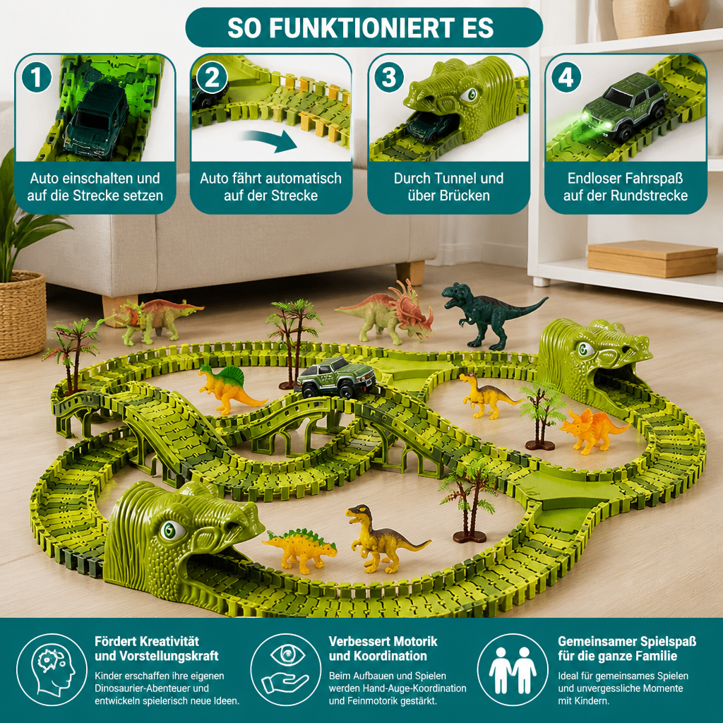 215-teiliges Dinosaurier-Rennstrecken-Set mit motorisierten Autos, Brücke & Dinosaurierfiguren