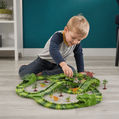 215-teiliges Dinosaurier-Rennstrecken-Set mit motorisierten Autos, Brücke & Dinosaurierfiguren