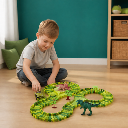 215-teiliges Dinosaurier-Rennstrecken-Set mit motorisierten Autos, Brücke & Dinosaurierfiguren