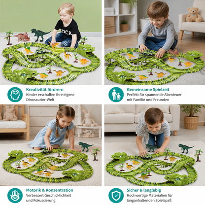215-teiliges Dinosaurier-Rennstrecken-Set mit motorisierten Autos, Brücke & Dinosaurierfiguren
