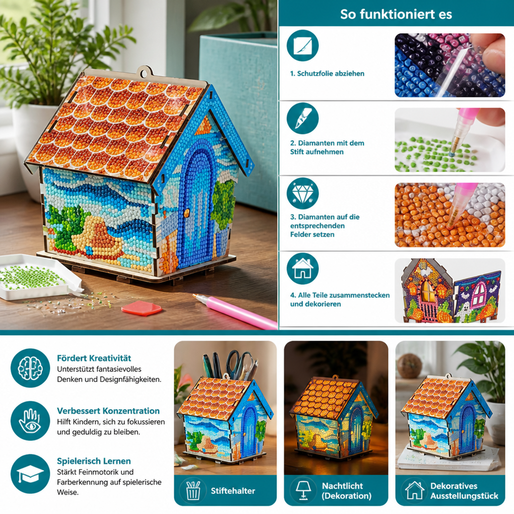 DIY-3D-Lebkuchenhaus-Puzzle aus Holz & Diamond-Art-Set
