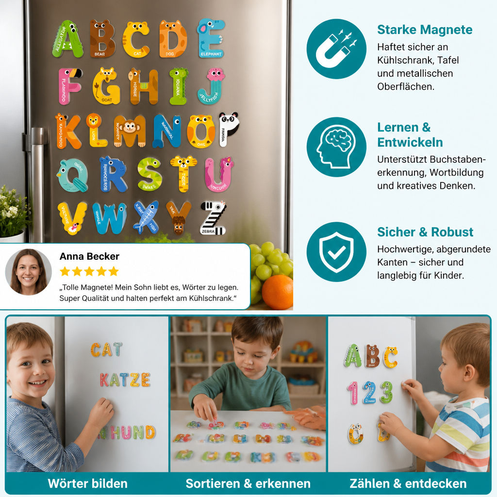 Tier-Alphabet- & Zahlen-Kühlschrankmagnete – Buchstabier- & Lernset für Kinder