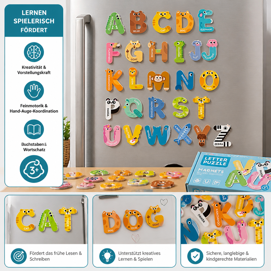 Tier-Alphabet- & Zahlen-Kühlschrankmagnete – Buchstabier- & Lernset für Kinder