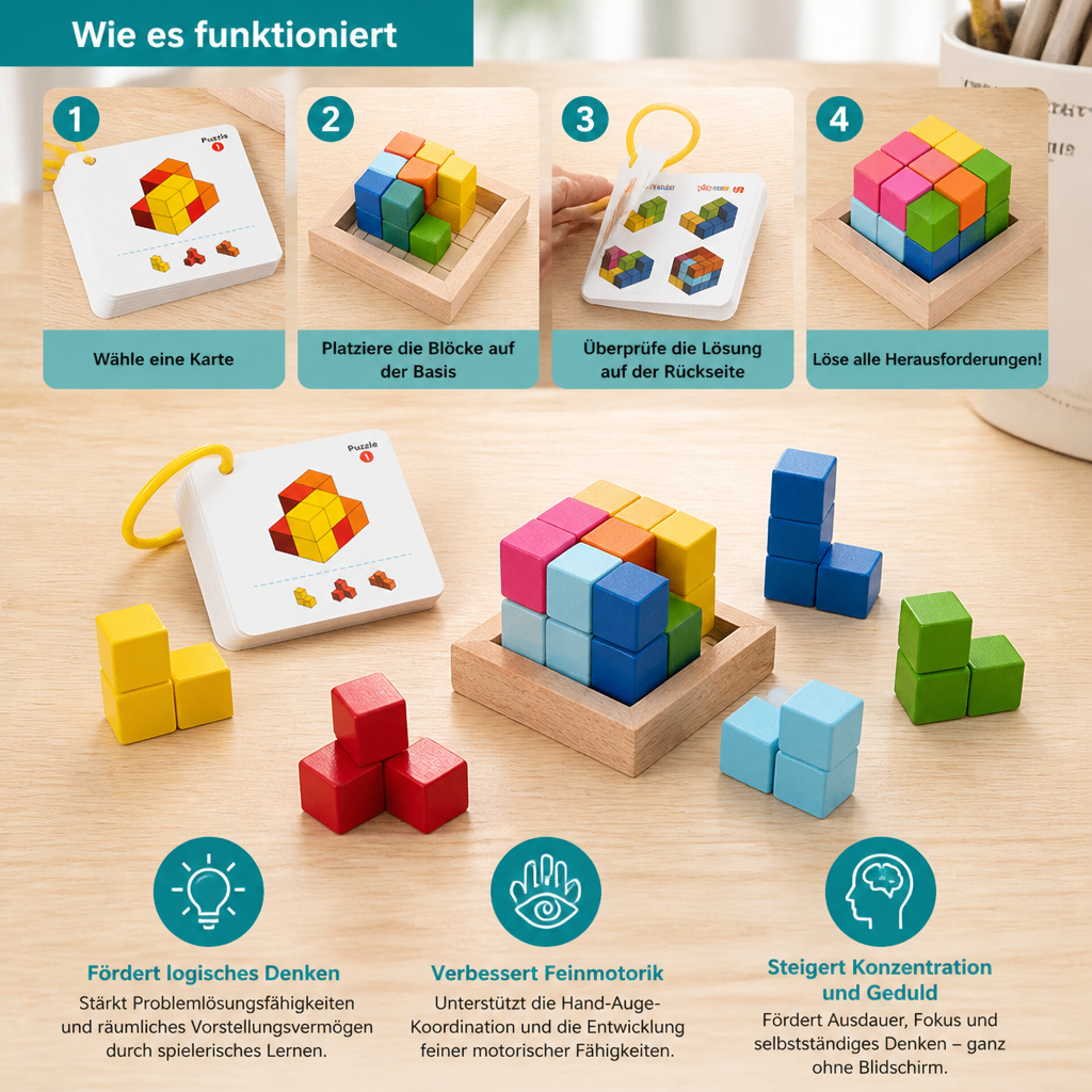Montessori 3D-Holzpuzzle – Bunte Geometrie-Bausteine & MINT-Denkspiel