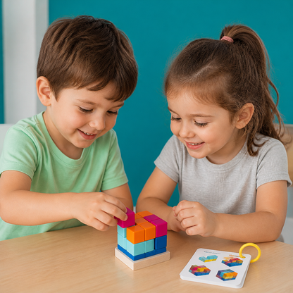 Montessori 3D-Holzpuzzle – Bunte Geometrie-Bausteine & MINT-Denkspiel