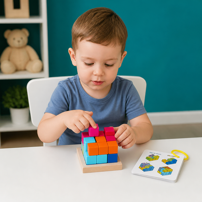 Montessori 3D-Holzpuzzle – Bunte Geometrie-Bausteine & MINT-Denkspiel