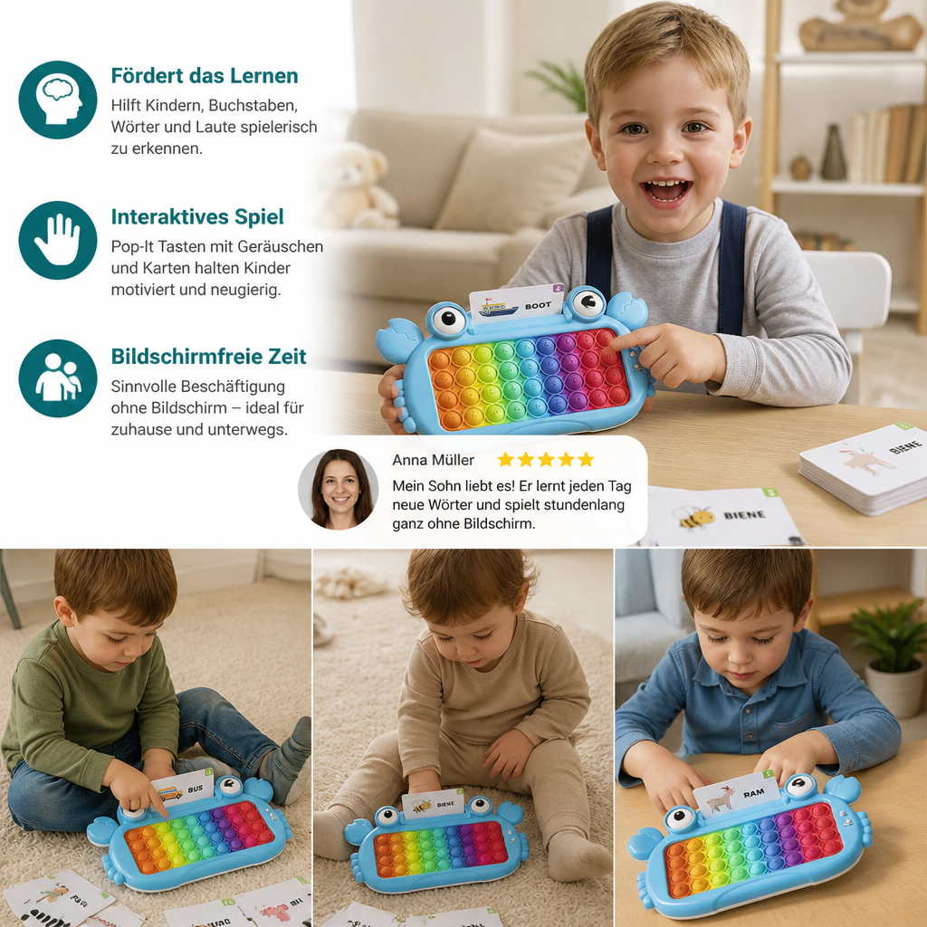Interaktives sprechendes Lernkarten-Tablet mit Pop-It-Tastatur, Buchstabier- & Phonetikspielen