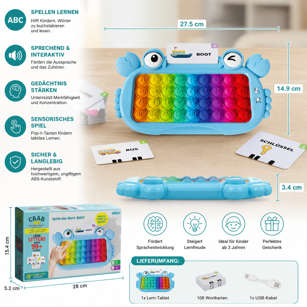 Interaktives sprechendes Lernkarten-Tablet mit Pop-It-Tastatur, Buchstabier- & Phonetikspielen