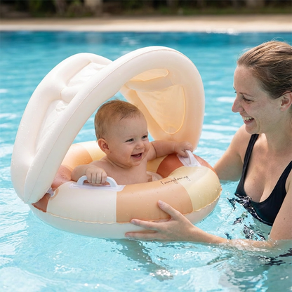 Aufblasbarer Retro Streifen Baby-Schwimmring mit abnehmbaren Sonnendach – Sicherer Sitz von 6–36 Monaten