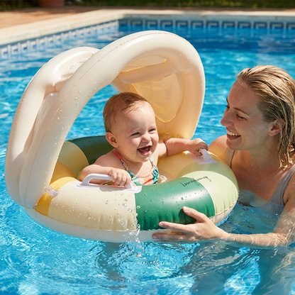Aufblasbarer Retro Streifen Baby-Schwimmring mit abnehmbaren Sonnendach – Sicherer Sitz von 6–36 Monaten