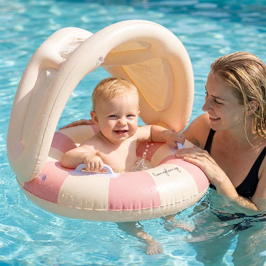 Aufblasbarer Retro Streifen Baby-Schwimmring mit abnehmbaren Sonnendach – Sicherer Sitz von 6–36 Monaten