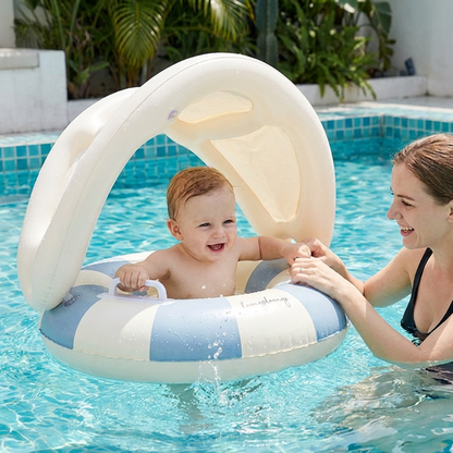 Aufblasbarer Retro Streifen Baby-Schwimmring mit abnehmbaren Sonnendach – Sicherer Sitz von 6–36 Monaten