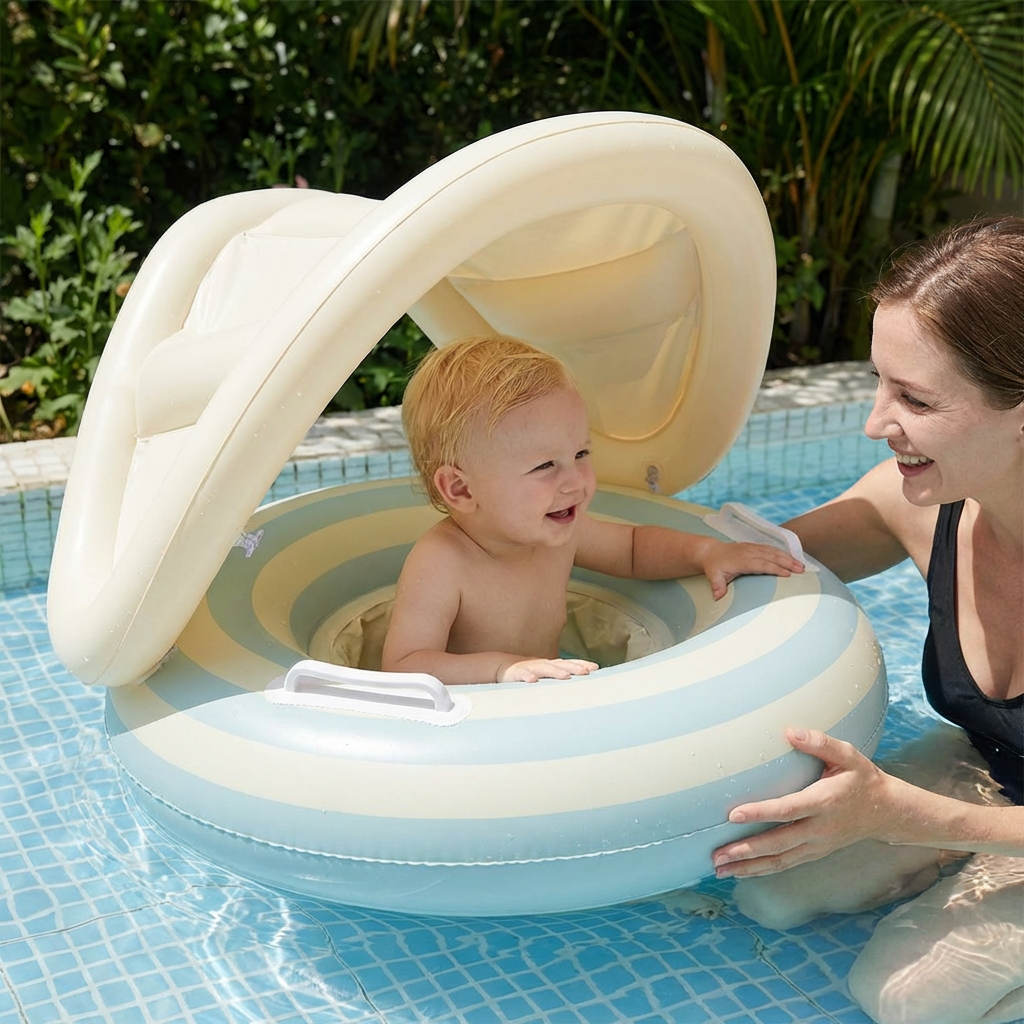 Aufblasbarer Retro Lollipop Baby-Schwimmring mit abnehmbaren Sonnendach – Sicherer Sitz von 6–36 Monaten