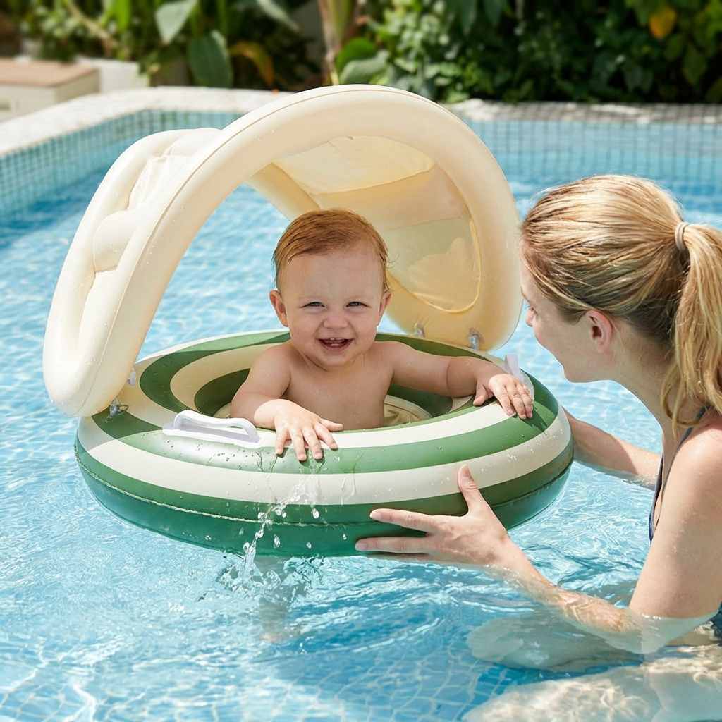 Aufblasbarer Retro Lollipop Baby-Schwimmring mit abnehmbaren Sonnendach – Sicherer Sitz von 6–36 Monaten