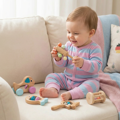 Baby Geschenkset aus Holz – Rassel- & Musikspielzeug für Neugeborene